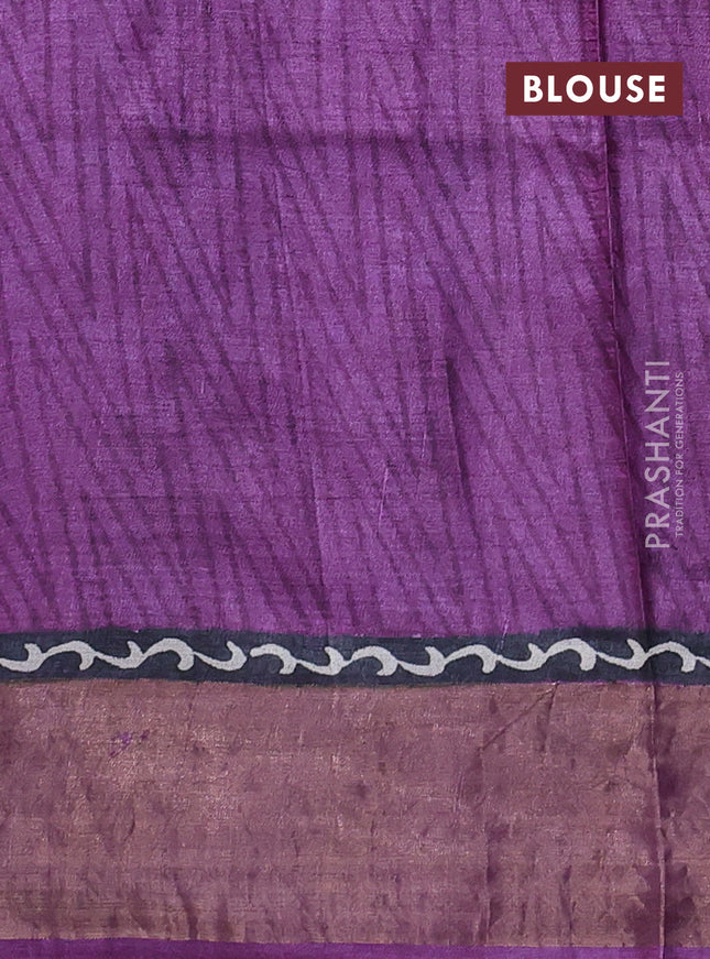 Pure tussar saree purple with allover ajrakh prints and zari woven border