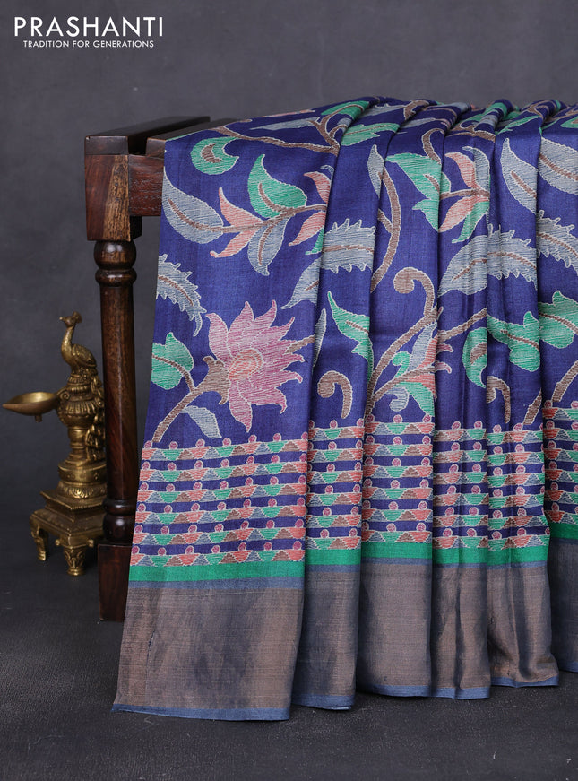 Pure tussar saree blue with allover prints and zari woven border