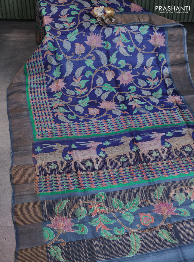 Pure tussar saree blue with allover prints and zari woven border