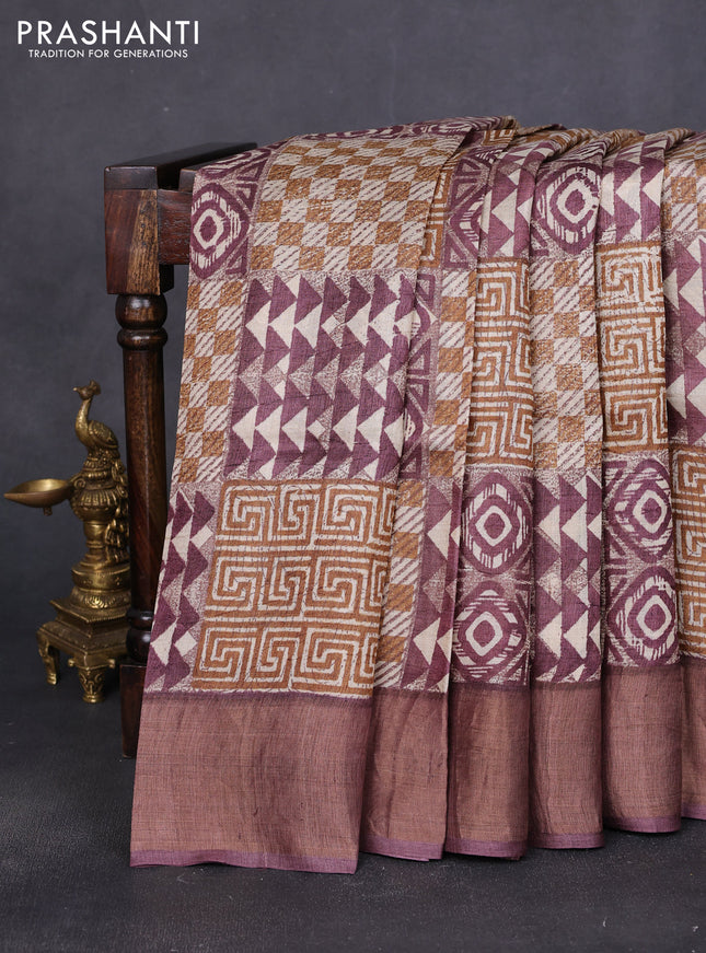 Pure tussar saree multi colour and pastel maroon with allover geomatric prints and zari woven border