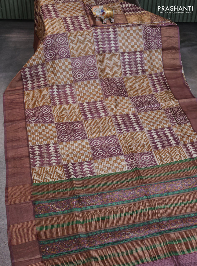 Pure tussar saree multi colour and pastel maroon with allover geomatric prints and zari woven border
