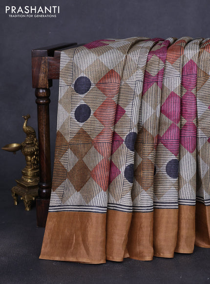 Pure tussar saree beige and sandal with allover geomatric prints and zari woven border