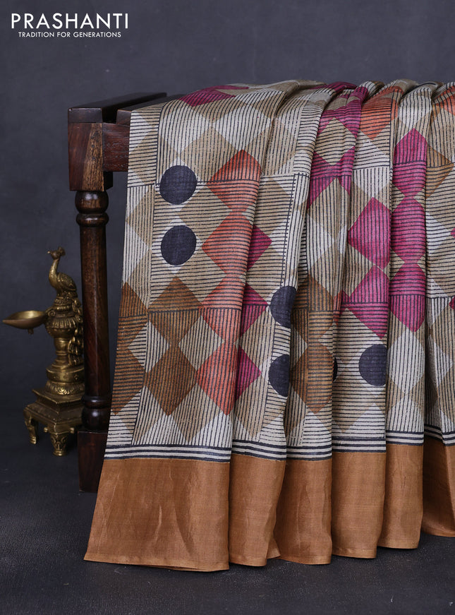 Pure tussar saree beige and sandal with allover geomatric prints and zari woven border