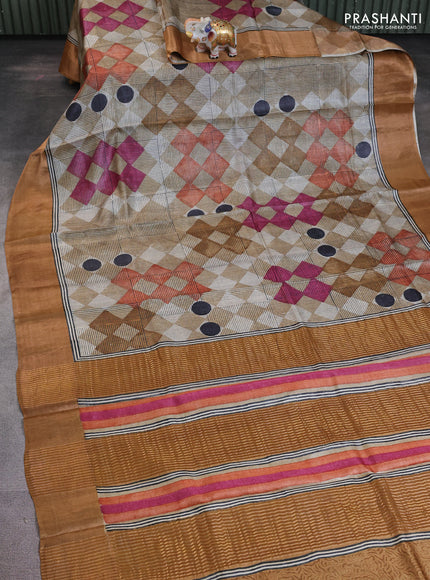 Pure tussar saree beige and sandal with allover geomatric prints and zari woven border