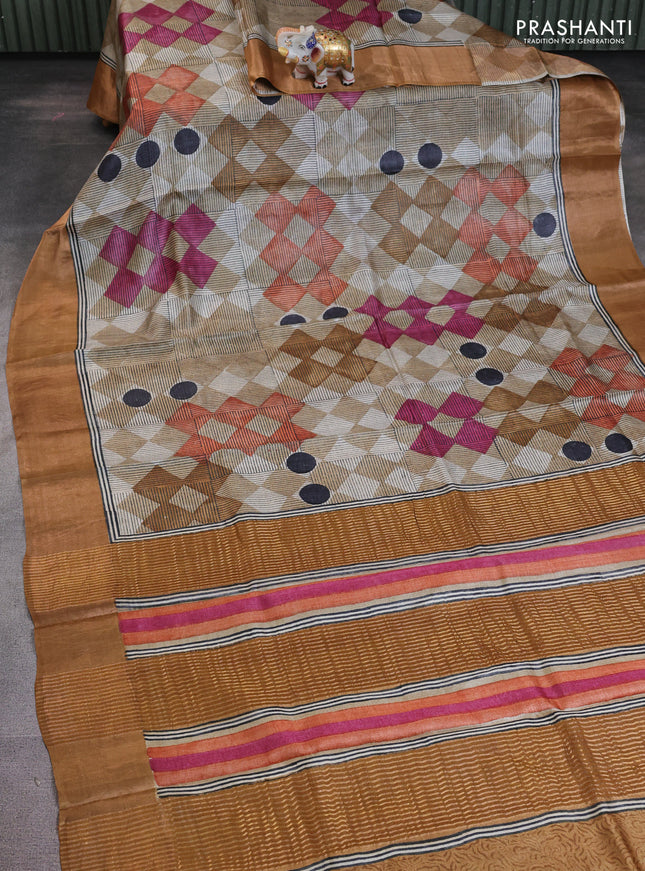Pure tussar saree beige and sandal with allover geomatric prints and zari woven border