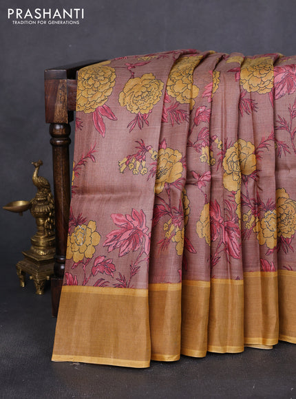 Pure tussar saree pastel brown and mustard yellow with allover floral prints and zari woven border
