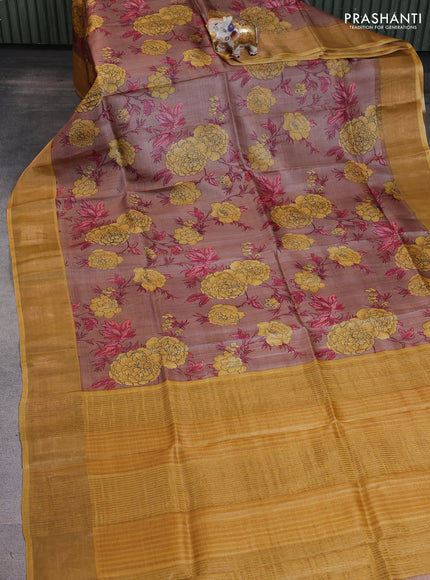 Pure tussar saree pastel brown and mustard yellow with allover floral prints and zari woven border