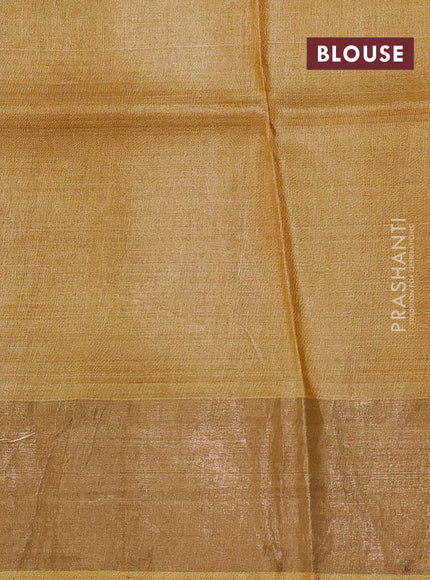 Pure tussar saree pastel brown and mustard yellow with allover floral prints and zari woven border