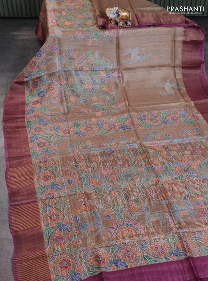 Pure tussar saree sandal and purple with allover kalamkari prints and zari woven border