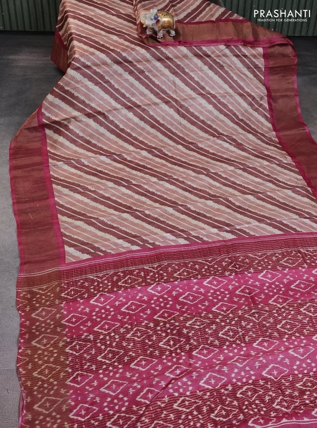 Pure tussar saree multi colour and pink with allover leheriya prints and zari woven border