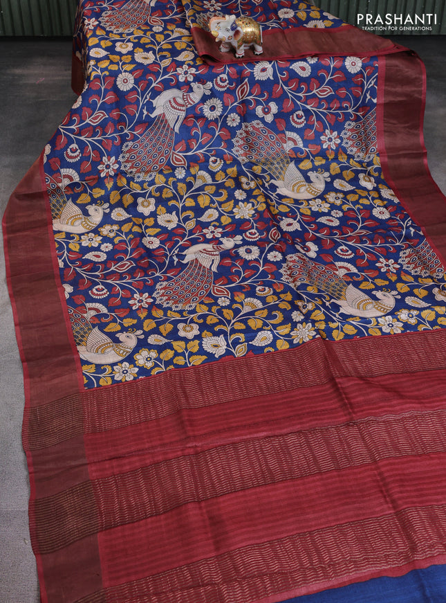 Pure tussar saree blue and maroon with allover kalamkari prints and zari woven border