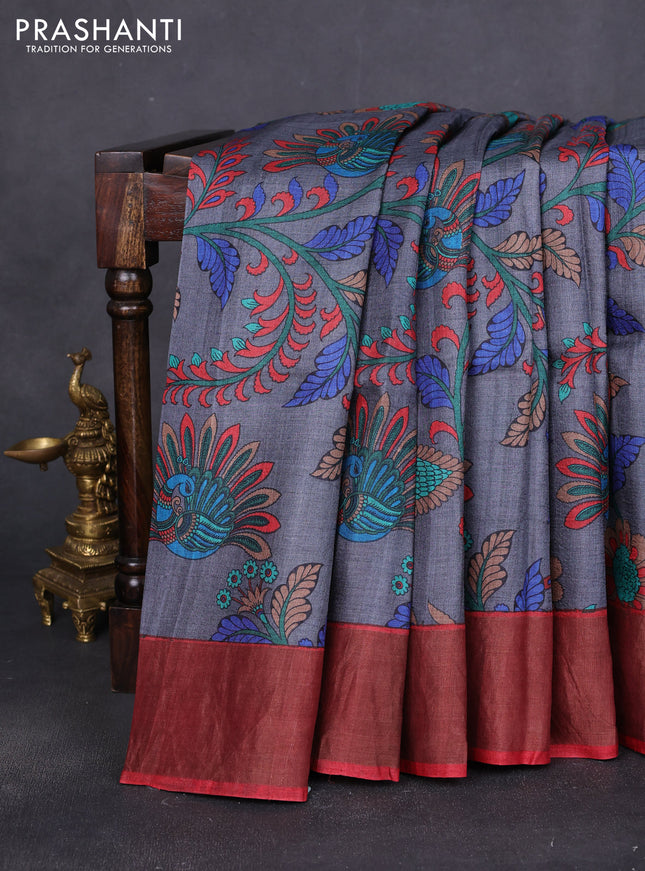 Pure tussar saree grey and maroon with allover kalamkari prints and zari woven border