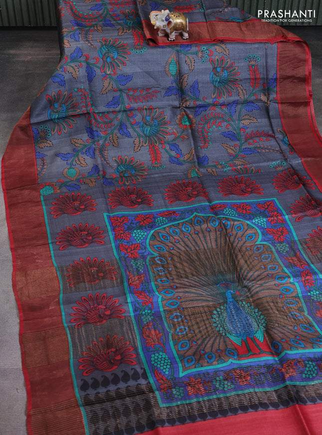 Pure tussar saree grey and maroon with allover kalamkari prints and zari woven border