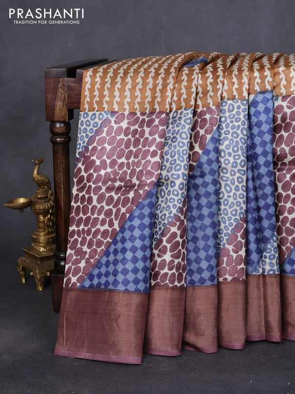 Pure tussar saree blue and purple with allover prints and zari woven border