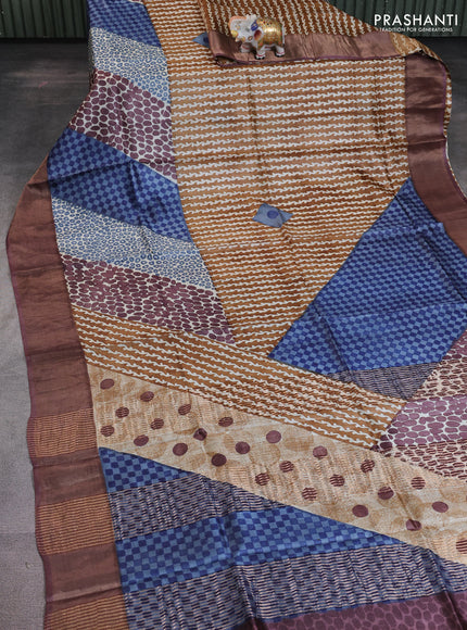 Pure tussar saree blue and purple with allover prints and zari woven border