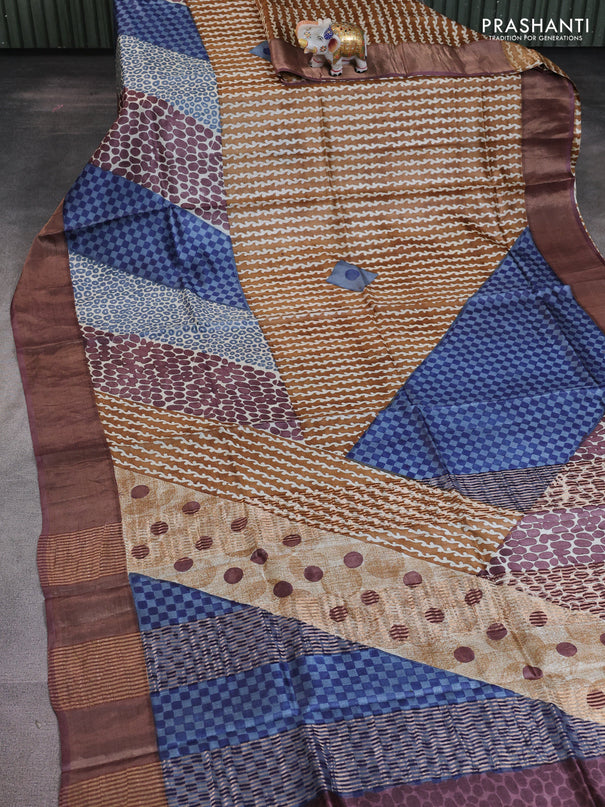 Pure tussar saree blue and purple with allover prints and zari woven border