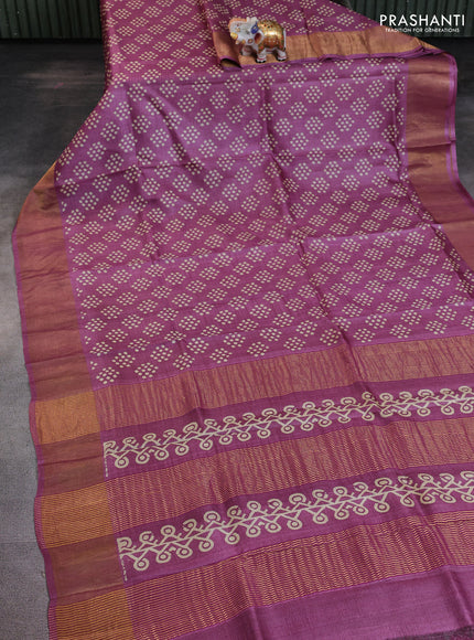 Pure tussar saree purple with allover geometric prints and zari woven border