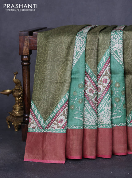 Pure tussar saree green and maroon with allover prints and zari woven border