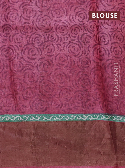 Pure tussar saree green and maroon with allover prints and zari woven border