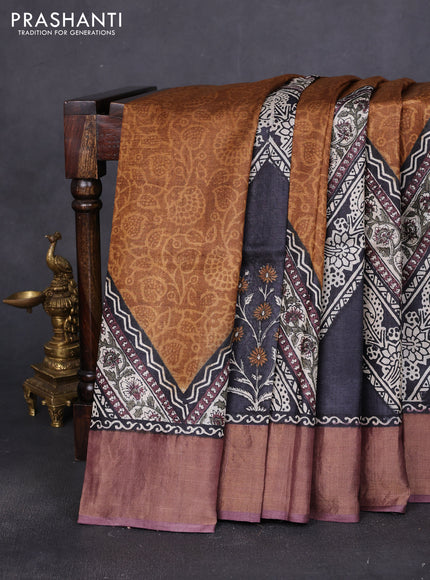 Pure tussar saree black and purple with allover prints and zari woven border