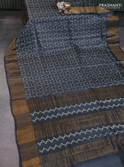 Pure tussar saree dark grey with allover prints and zari woven border