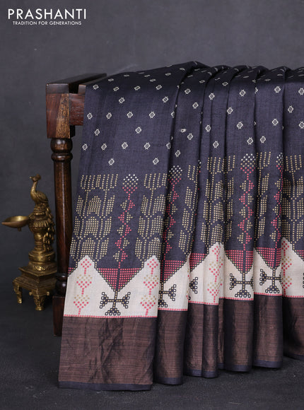 Pure tussar saree black with allover prints and zari woven border