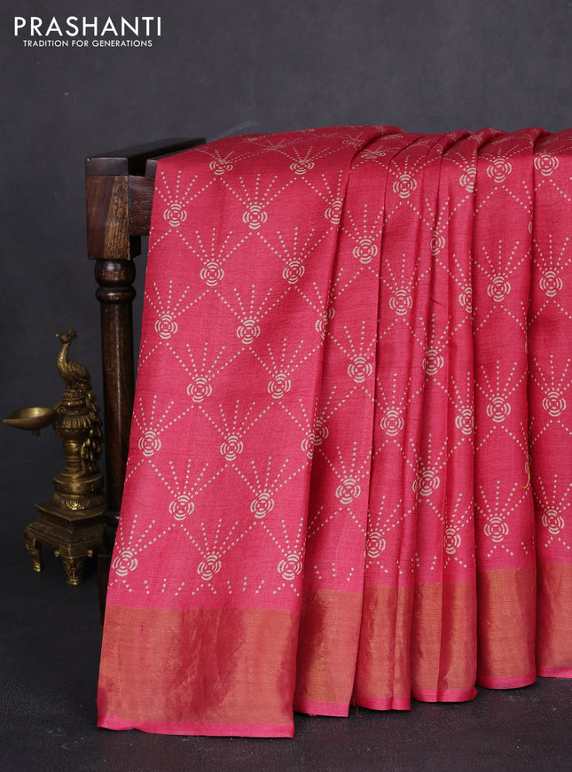 Pure tussar saree pink with allover prints and zari woven border