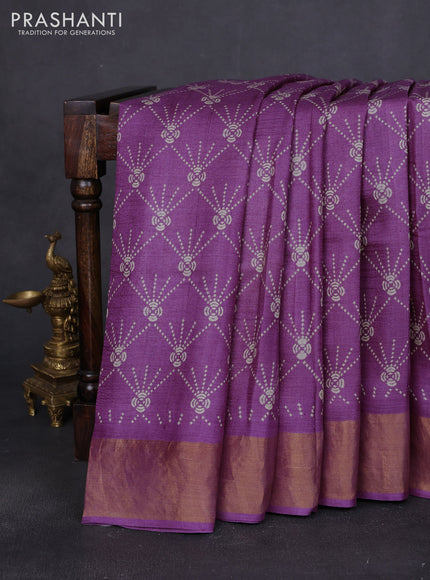 Pure tussar saree purple shade with allover prints and zari woven border