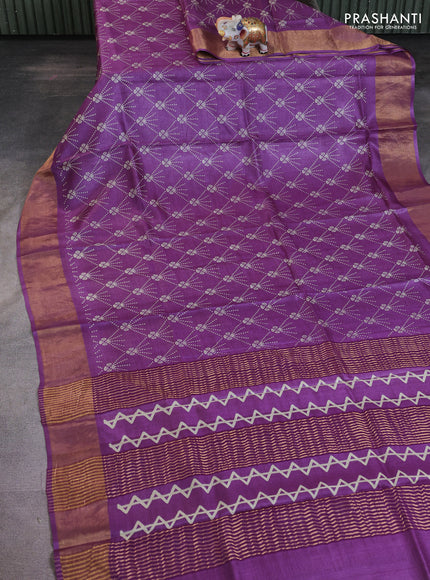 Pure tussar saree purple shade with allover prints and zari woven border