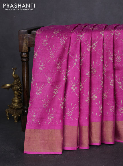 Pure tussar saree magenta pink with allover prints and zari woven border