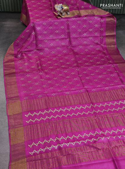 Pure tussar saree magenta pink with allover prints and zari woven border