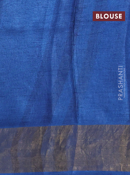 Pure tussar saree peacock blue with allover prints and zari woven border