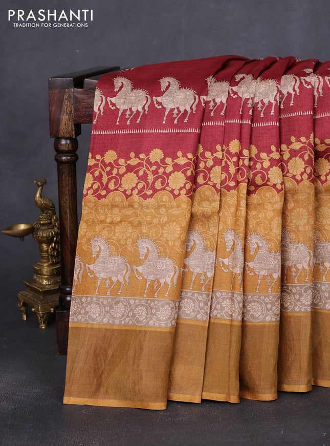 Pure tussar saree maroon and yellow with allover butta prints and zari woven border