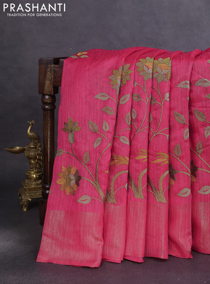 Matka tussar saree pink with floral embroidery and zari woven border