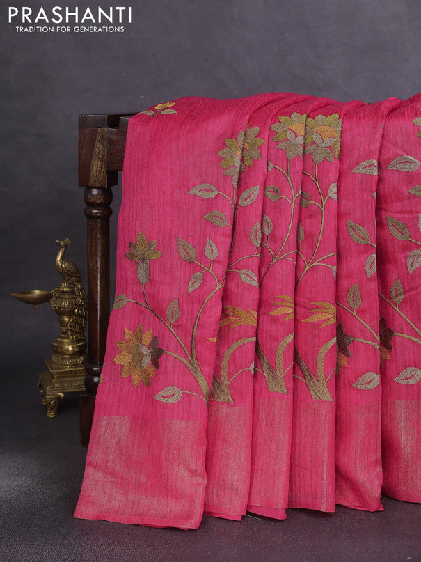 Matka tussar saree pink with floral embroidery and zari woven border