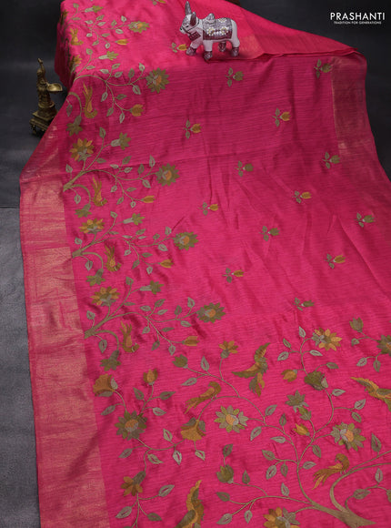 Matka tussar saree pink with floral embroidery and zari woven border