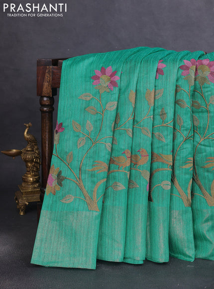 Matka tussar saree teal green with floral embroidery and zari woven border