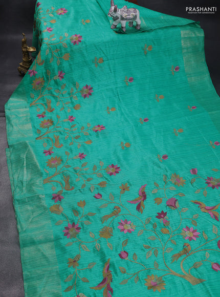 Matka tussar saree teal green with floral embroidery and zari woven border