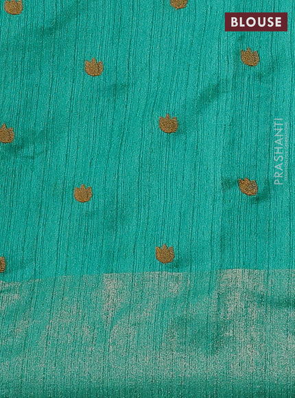 Matka tussar saree teal green with floral embroidery and zari woven border