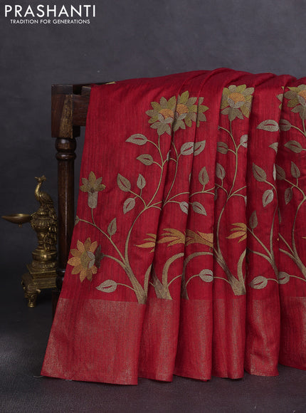 Matka tussar saree red with floral embroidery and zari woven border