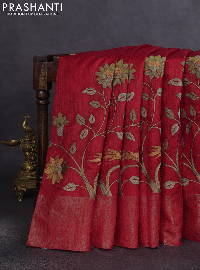 Matka tussar saree red with floral embroidery and zari woven border