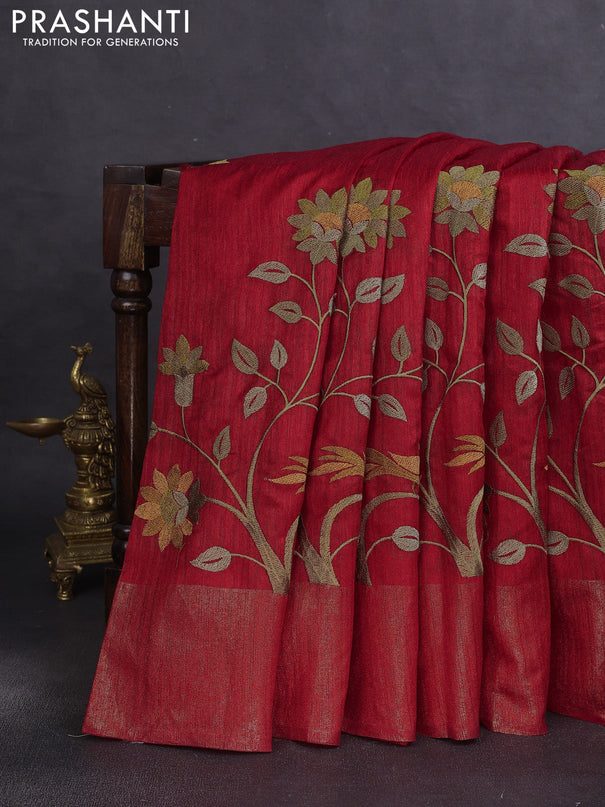 Matka tussar saree red with floral embroidery and zari woven border