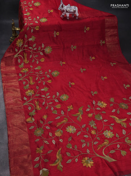 Matka tussar saree red with floral embroidery and zari woven border