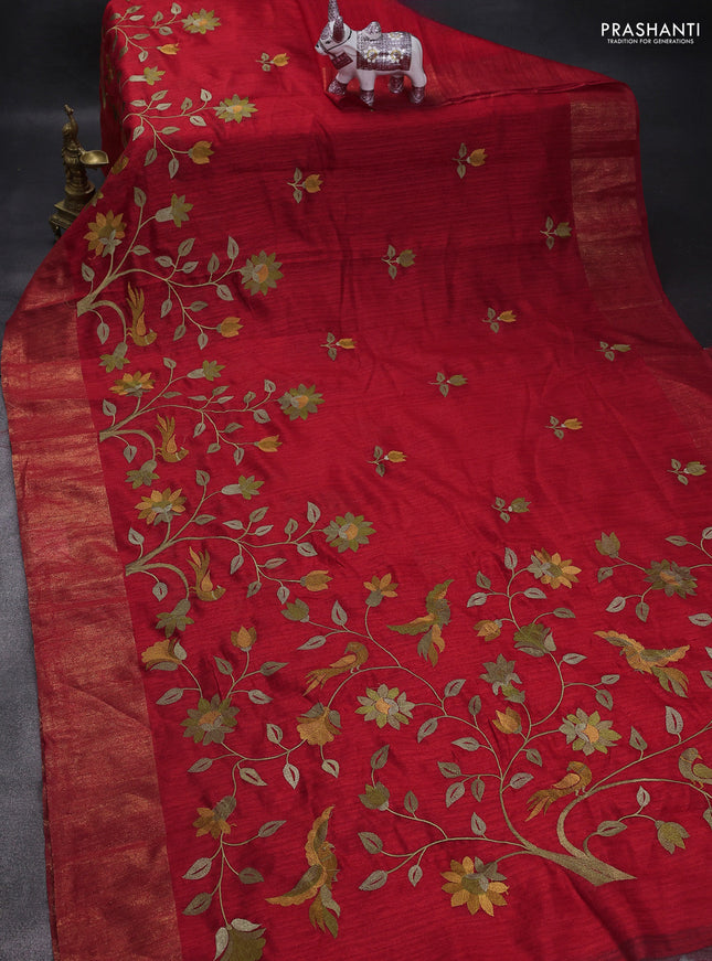 Matka tussar saree red with floral embroidery and zari woven border