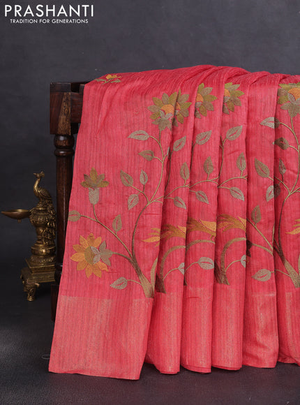 Matka tussar saree red shade with floral embroidery and zari woven border