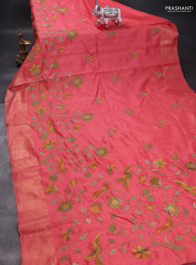 Matka tussar saree red shade with floral embroidery and zari woven border