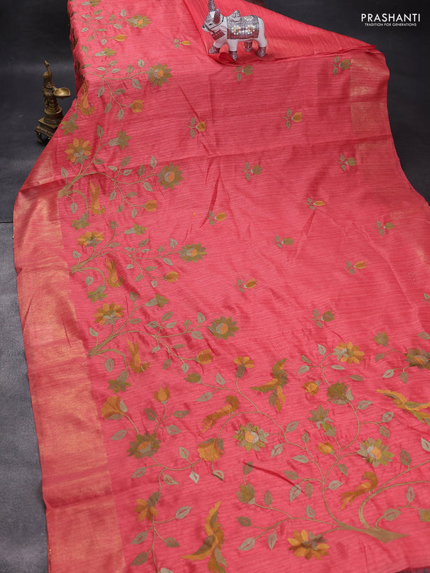 Matka tussar saree red shade with floral embroidery and zari woven border