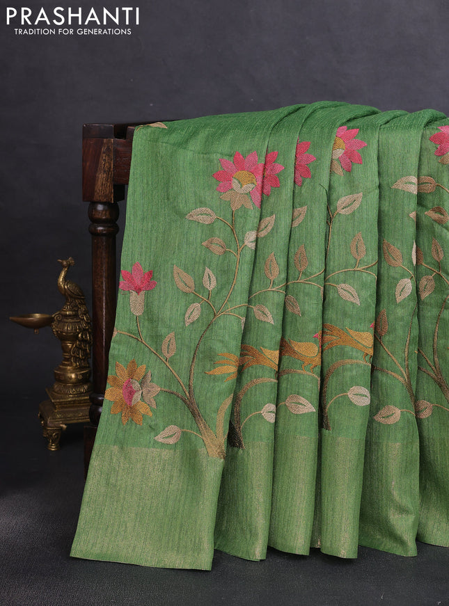 Matka tussar saree green with floral embroidery and zari woven border