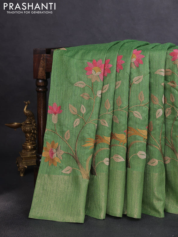 Matka tussar saree green with floral embroidery and zari woven border