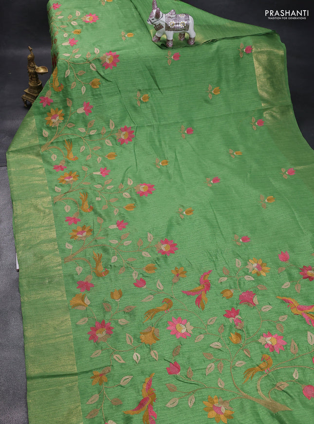 Matka tussar saree green with floral embroidery and zari woven border
